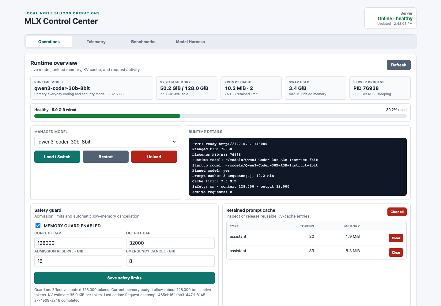 MLX Control Center operations dashboard running local AI models on Apple Silicon